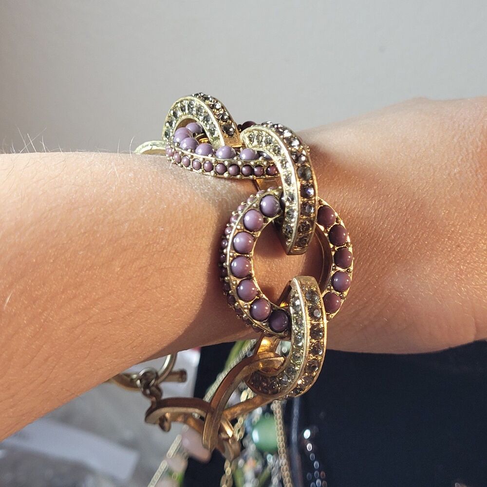 Vintage Style Purple and Gold Tone Bracelet with Rhinestones and Faux Pearls
